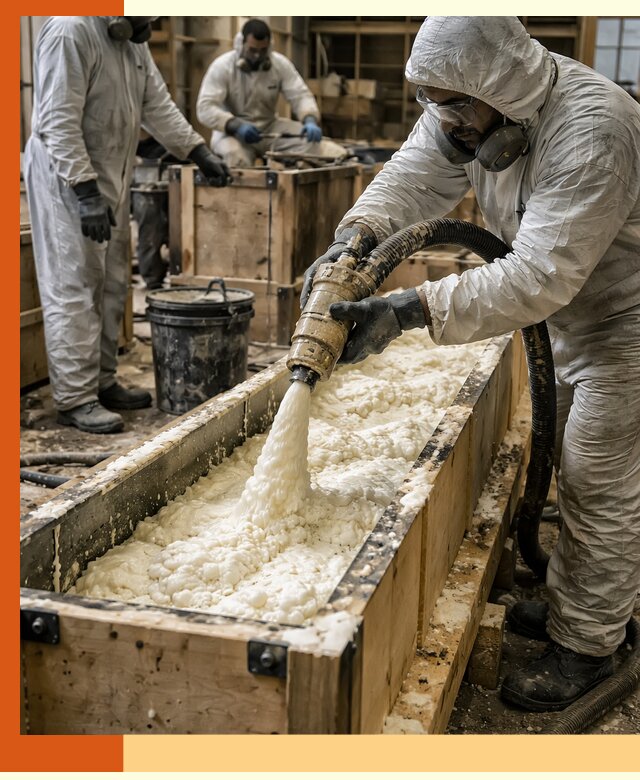 Заливка пенополиуретана в формы для утепления в Шумерле